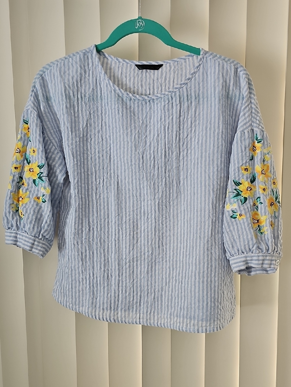 Adorable Light Blue Striped Summer Top with Yellow Floral Sleeve Details